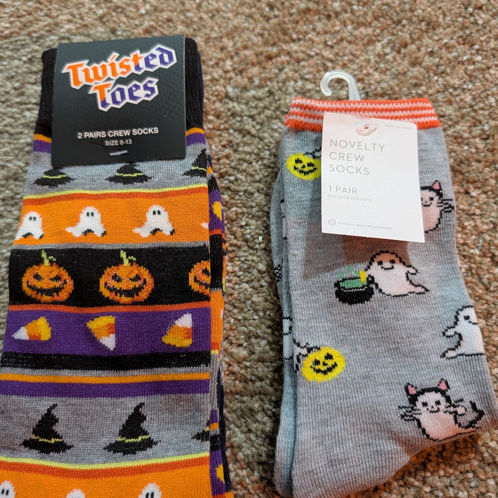 Twisted Halloween Themed Crew Socks - Black, Orange, and Gray